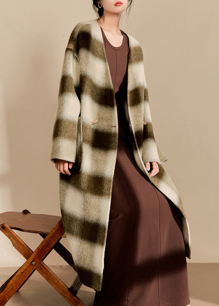 V Neck Pockets Plaid Woolen Maxi Coats Spring