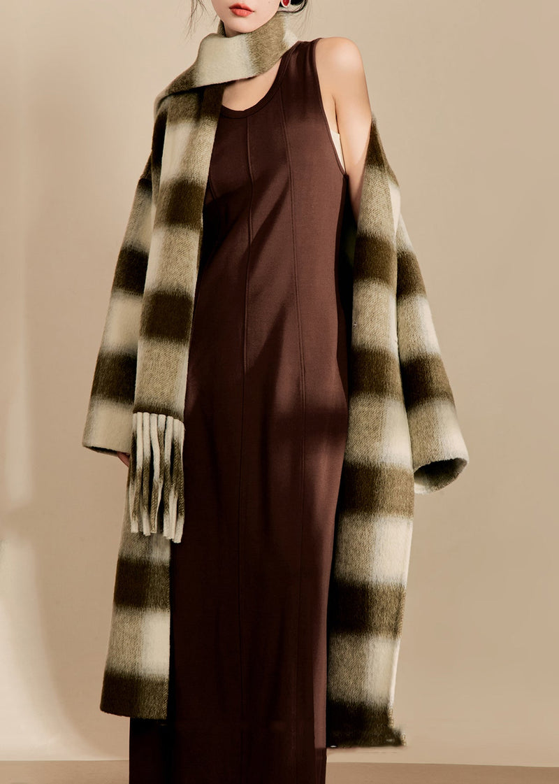V Neck Pockets Plaid Woolen Maxi Coats Spring
