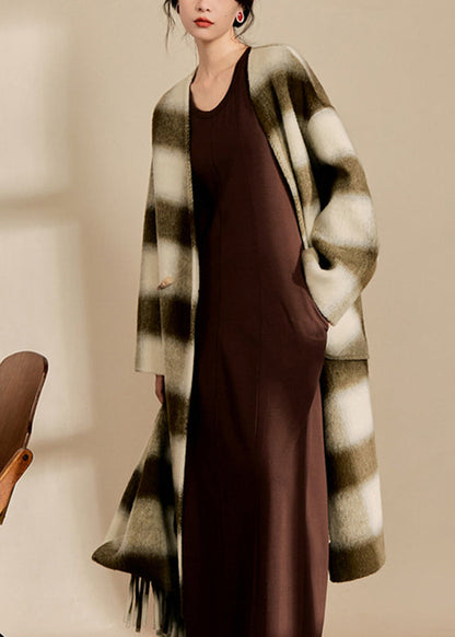 V Neck Pockets Plaid Woolen Maxi Coats Spring