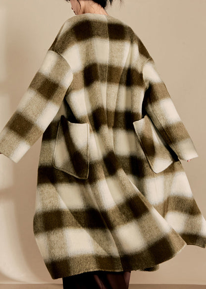 V Neck Pockets Plaid Woolen Maxi Coats Spring