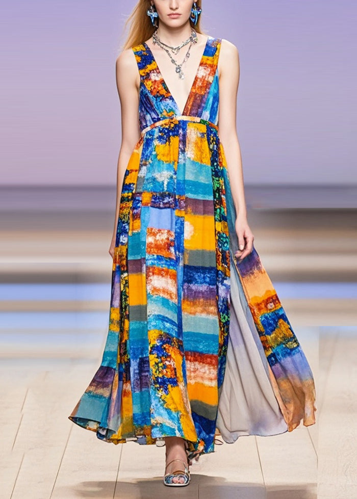 V Neck Print Chiffon Long Dress Sleeveless
