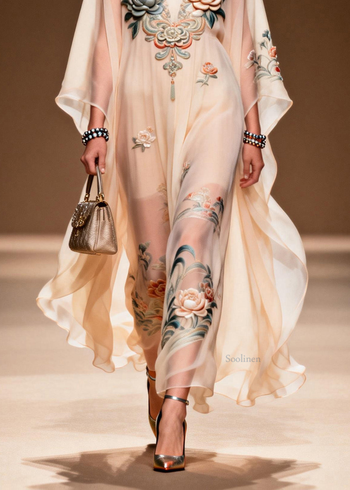V Neck Print Chiffon Long Dress Spring