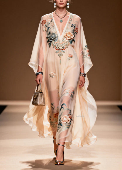 V Neck Print Chiffon Long Dress Spring