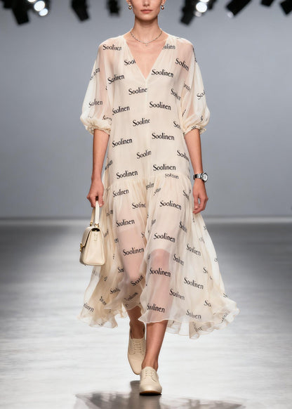 V Neck Print Chiffon Long Dress Summer