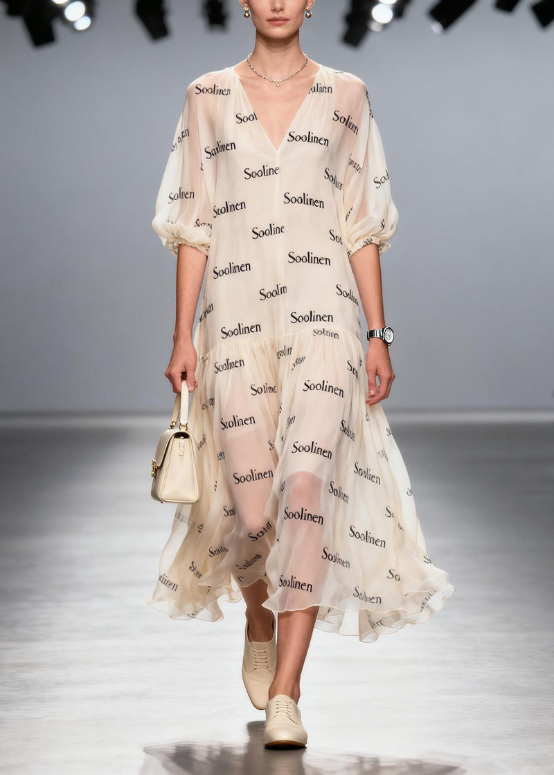 V Neck Print Chiffon Long Dress Summer