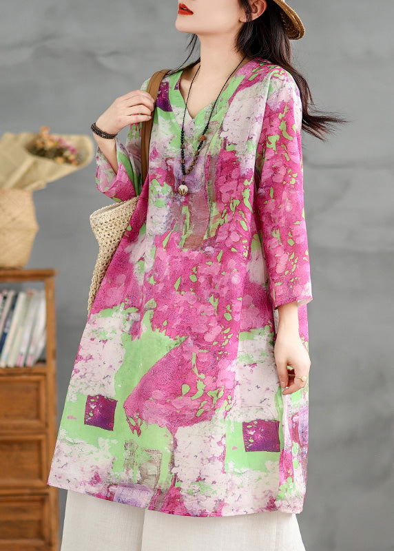 V Neck Print Cotton Mid Dresses Bracelet Sleeve