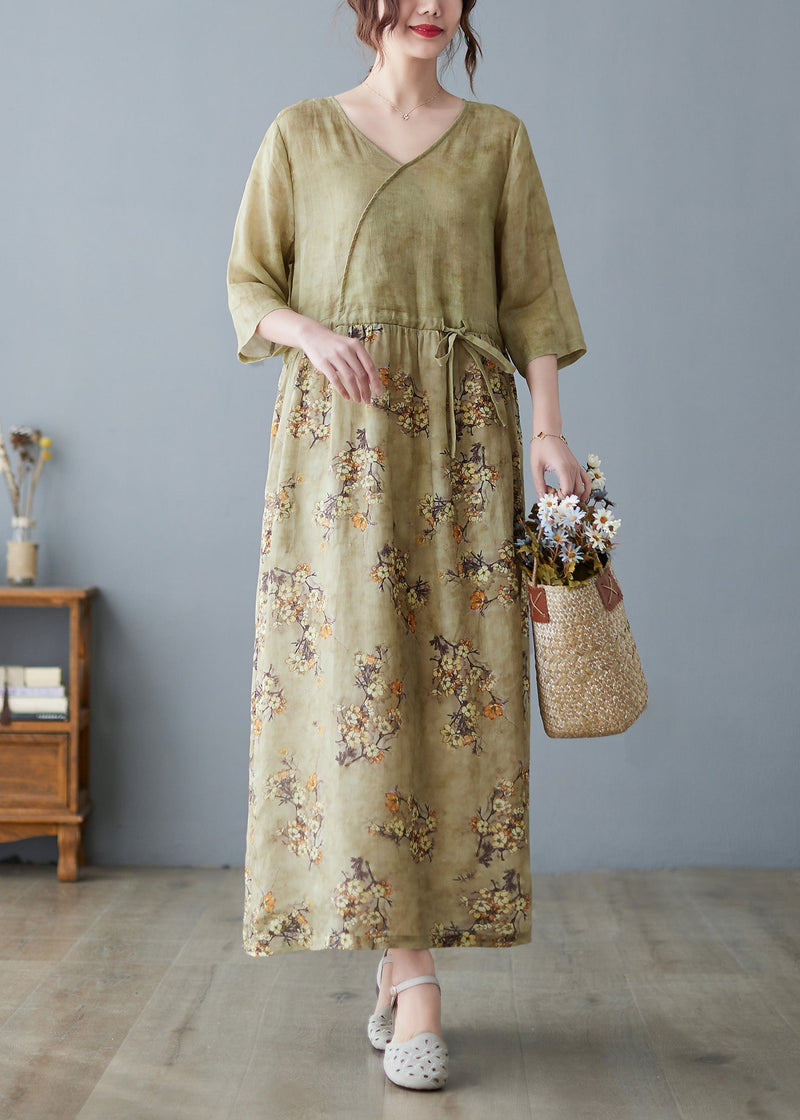 V Neck Print Drawstring Linen Maxi Dress Half Sleeve