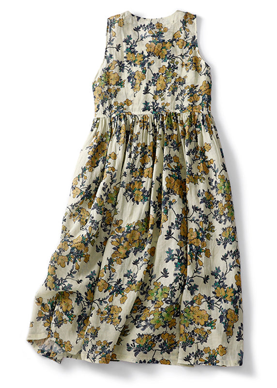 V Neck Print High Waist Linen Dresses Sleeveless
