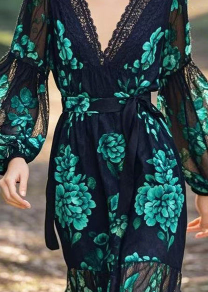 V Neck Print Lace Patchwork Tie Waist Chiffon Dress Spring