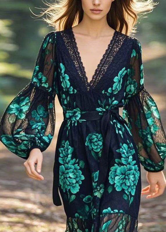 V Neck Print Lace Patchwork Tie Waist Chiffon Dress Spring