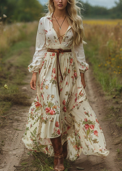 V Neck Print Long Sleeve Pastoral Dress