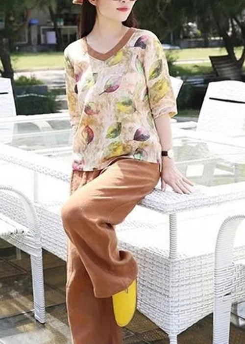 V Neck Print Loose Cotton Blouse Top Summer