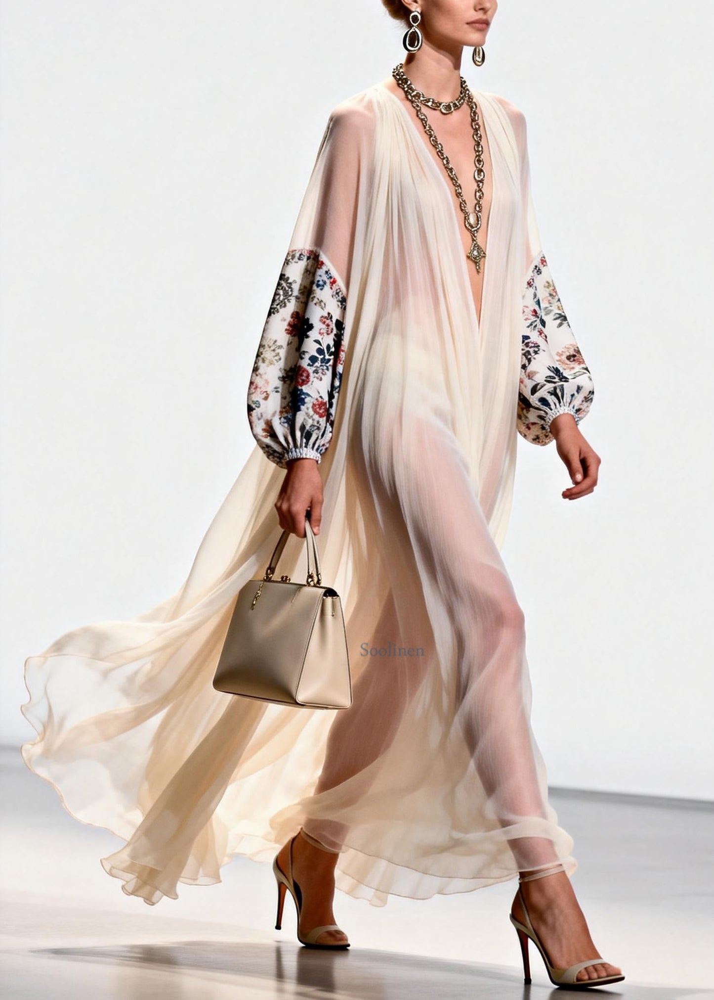 V Neck Print Patchwork Chiffon Dress Spring