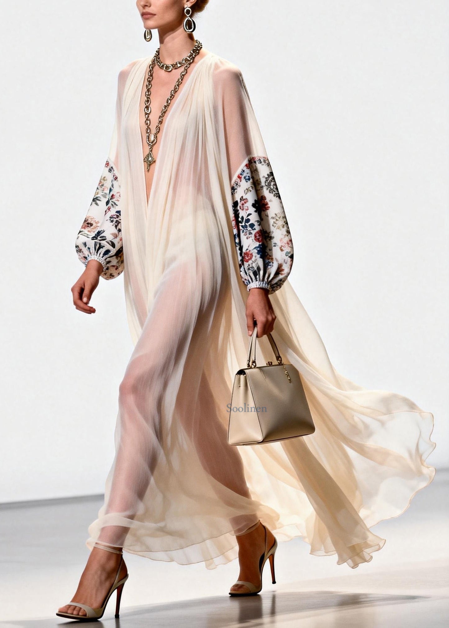 V Neck Print Patchwork Chiffon Dress Spring