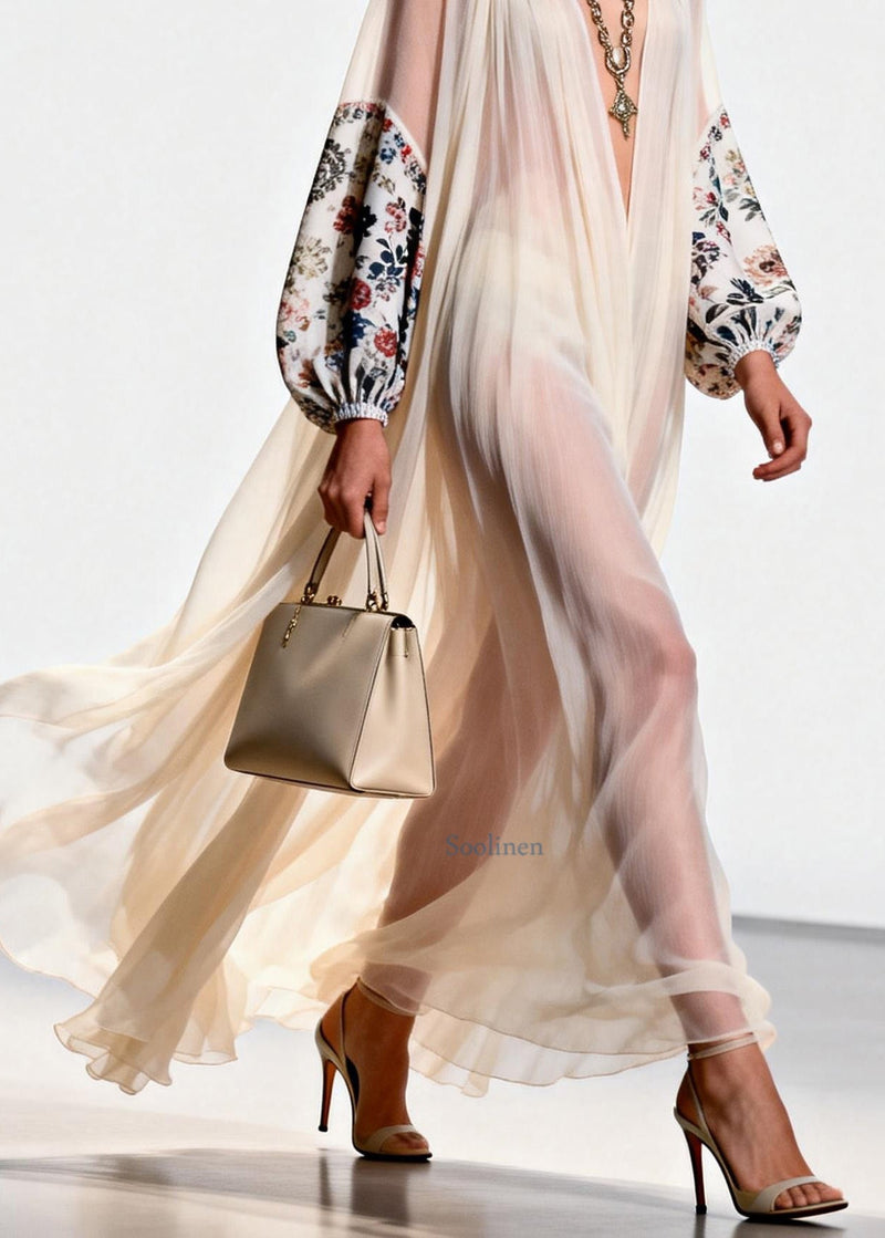 V Neck Print Patchwork Chiffon Dress Spring