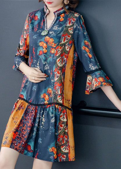 V Neck Print Patchwork Chiffon Mid Dresses Summer