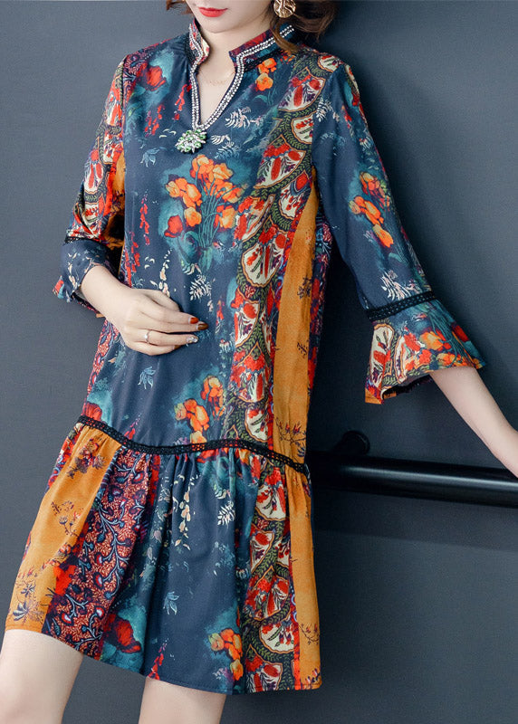 V Neck Print Patchwork Chiffon Mid Dresses Summer