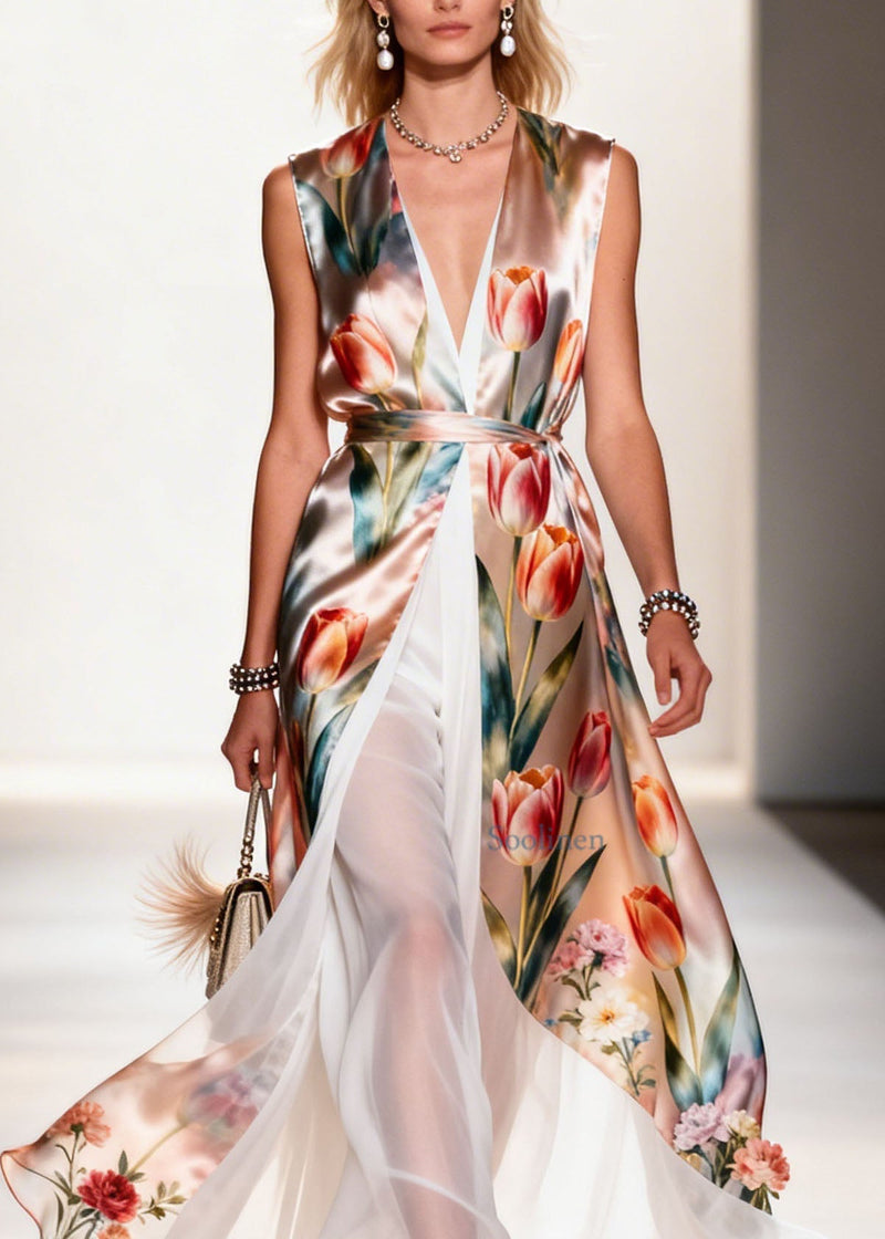 V Neck Print Patchwork False Two Pieces Chiffon Dress Summer