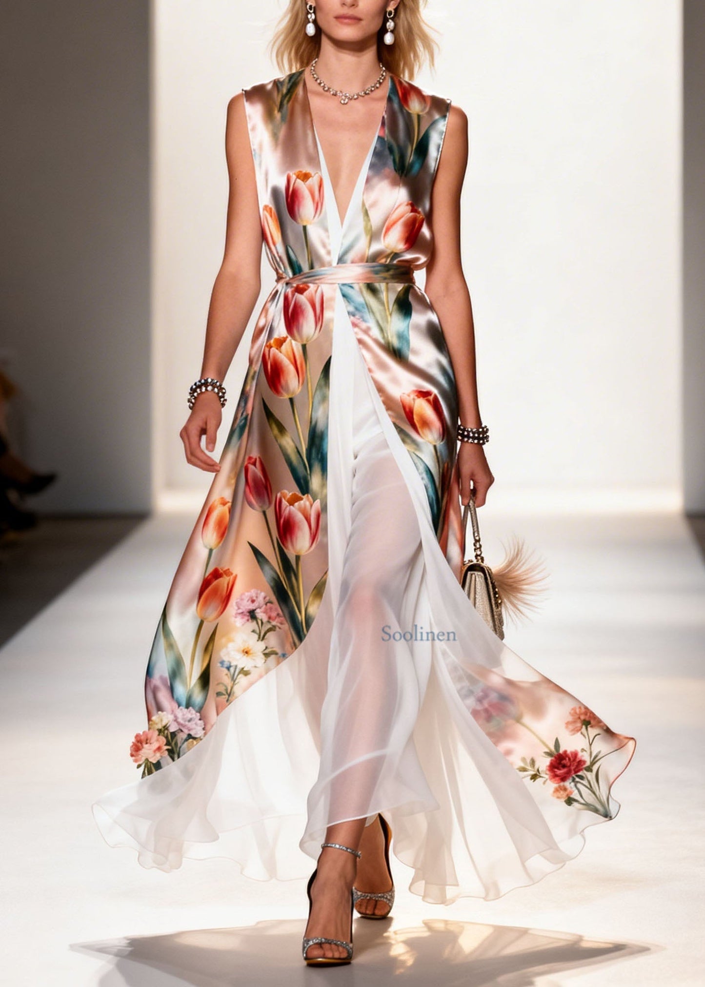 V Neck Print Patchwork False Two Pieces Chiffon Dress Summer