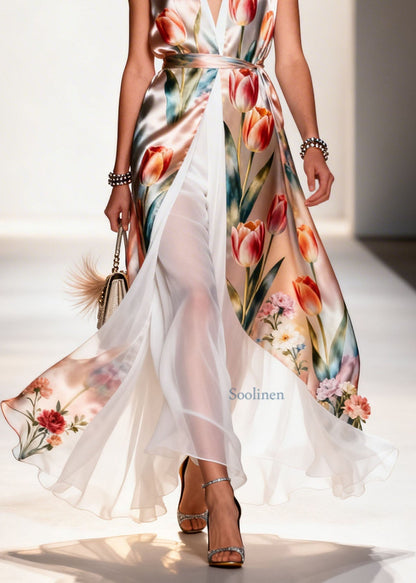 V Neck Print Patchwork False Two Pieces Chiffon Dress Summer