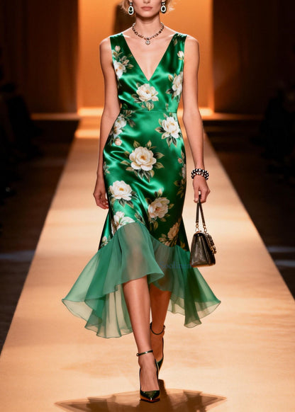 V Neck Print Patchwork Silk Dress Sleeveless