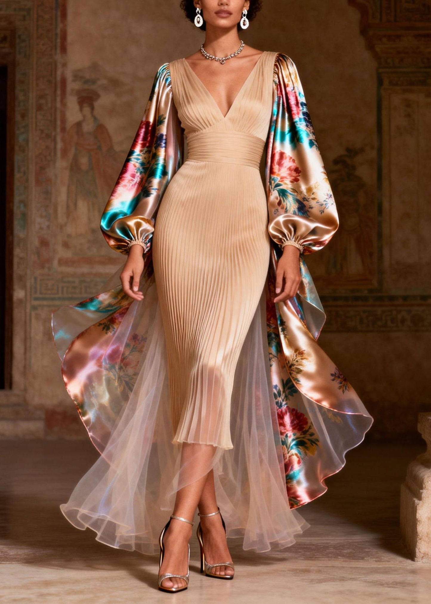 V Neck Print Patchwork Silk Long Dress Spring