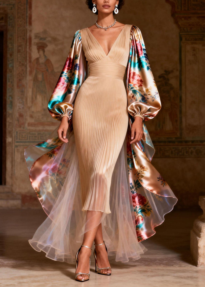 V Neck Print Patchwork Silk Long Dress Spring
