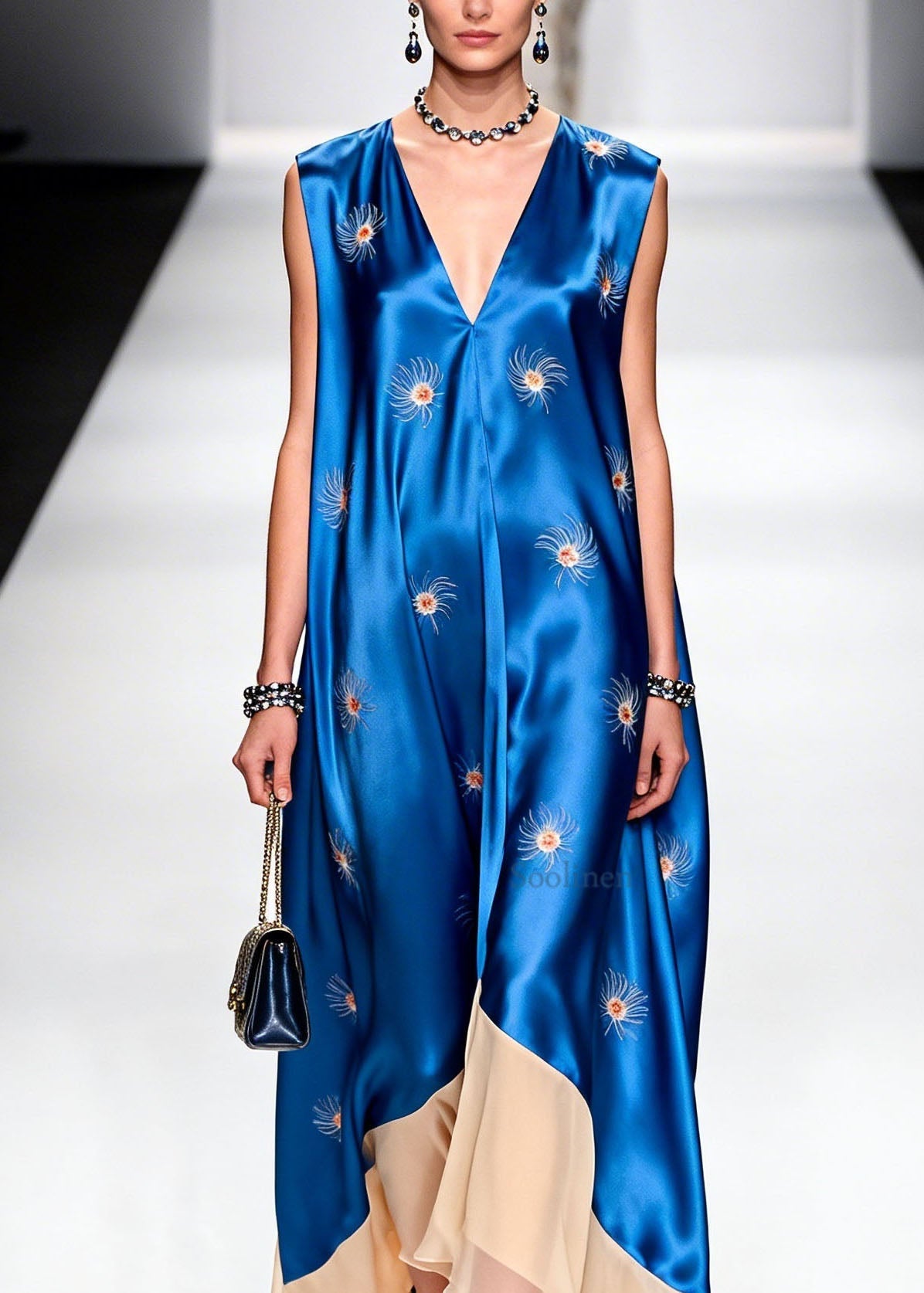 V Neck Print Patchwork Silk Long Dresses Summer