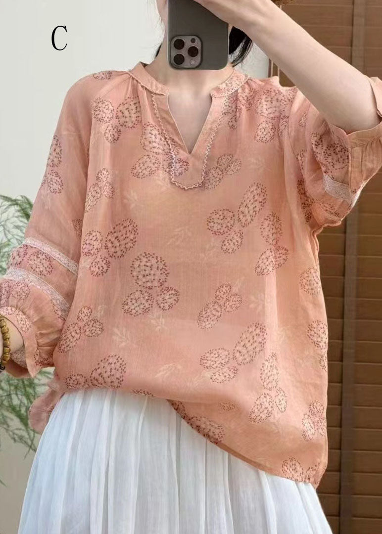 V Neck Print Linen Top Bracelet Sleeve