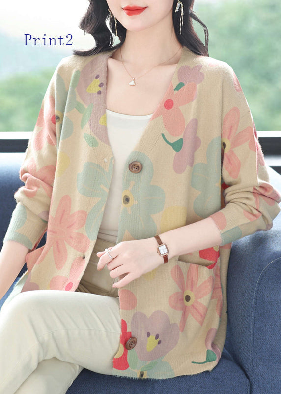 V Neck Print Pockets Woolen Cardigans Spring