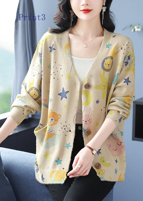 V Neck Print Pockets Woolen Cardigans Spring