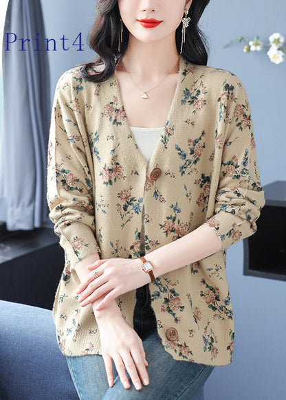 V Neck Print Pockets Woolen Cardigans Spring
