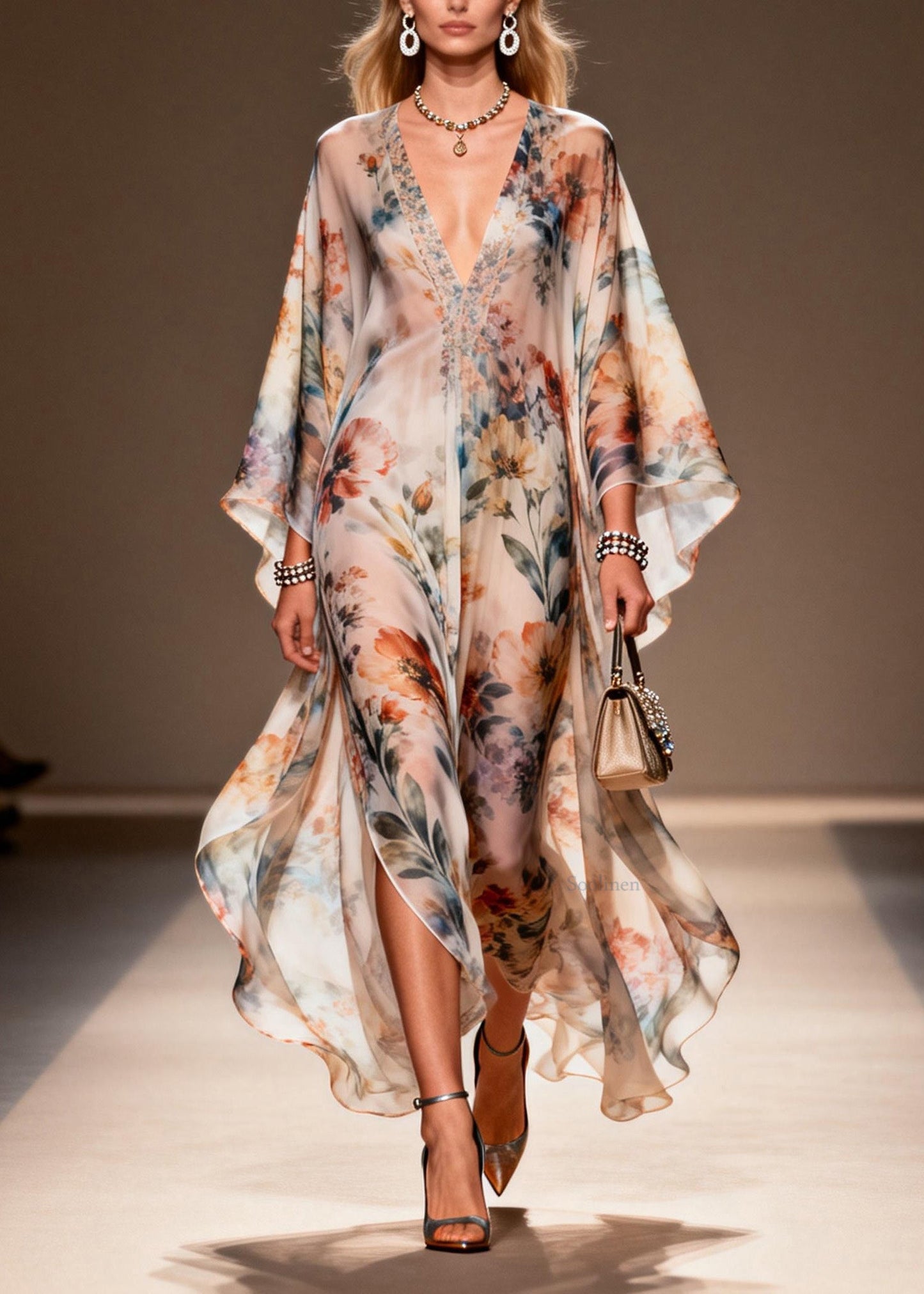 V Neck Print Side Open Chiffon Dress Spring