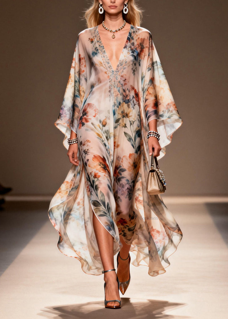 V Neck Print Side Open Chiffon Dress Spring