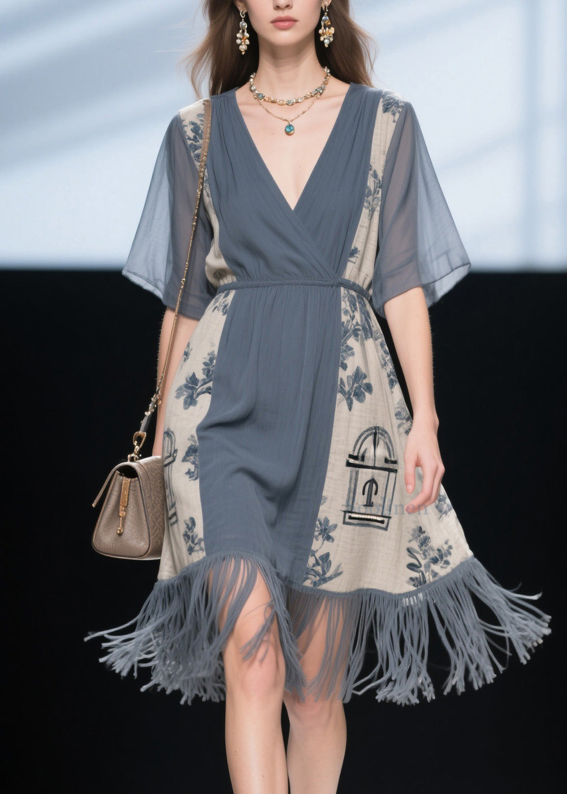 V Neck Print Tassel Patchwork Cotton Dress Summer