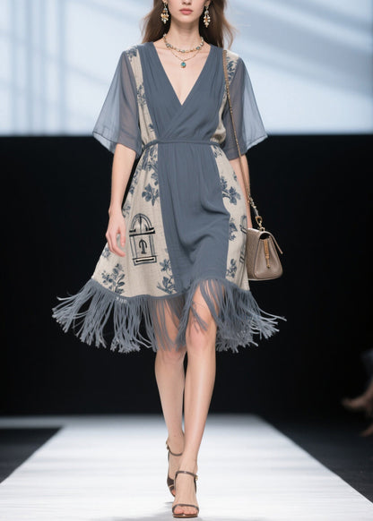 V Neck Print Tassel Patchwork Cotton Dress Summer