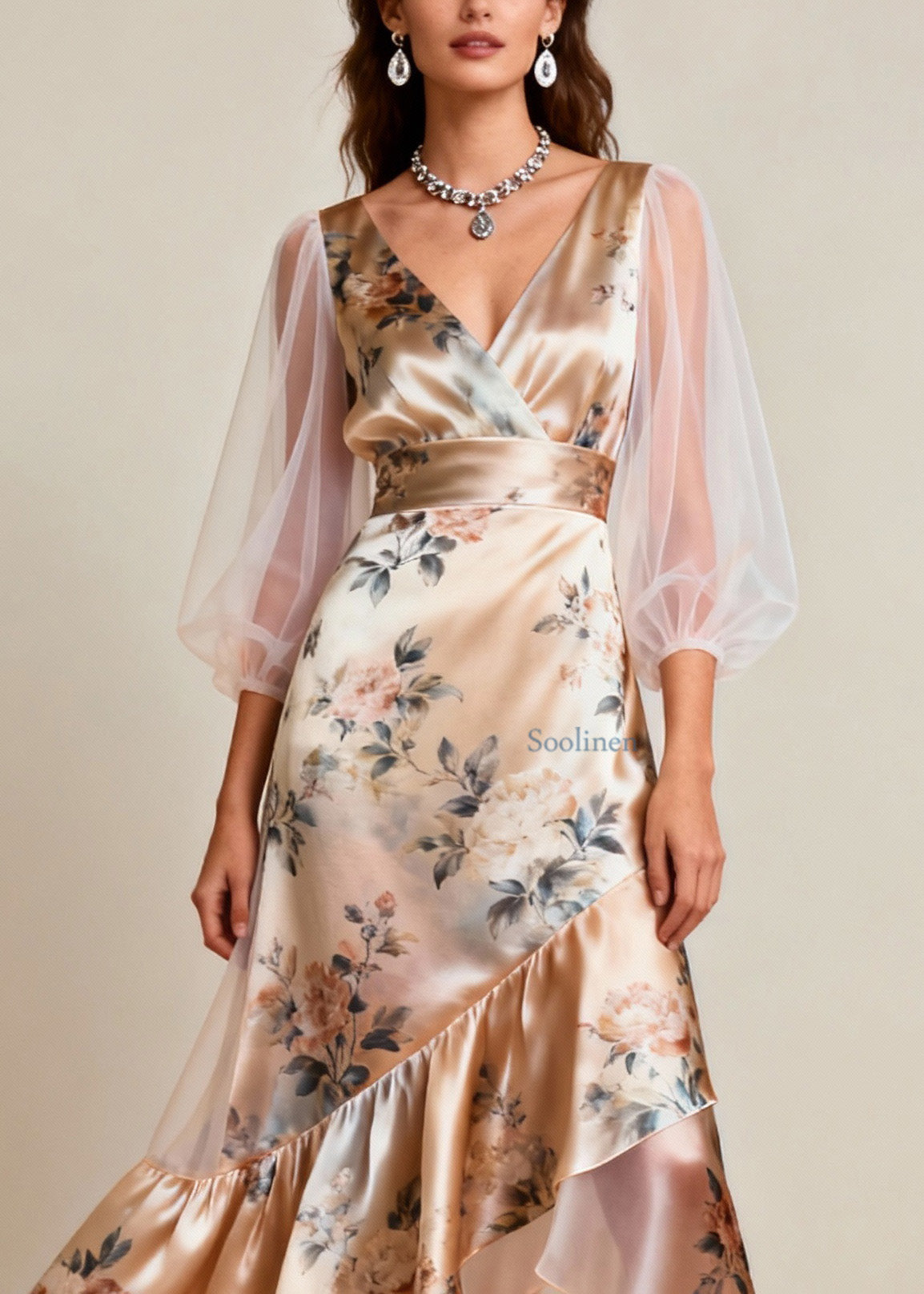 V Neck Print Tulle Patchwork Silk Dresses Sleeveless