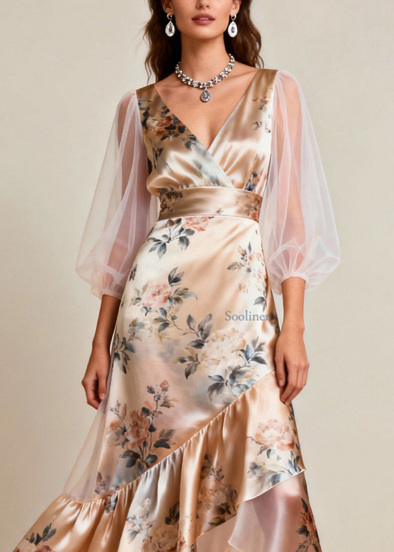 V Neck Print Tulle Patchwork Silk Dresses Sleeveless