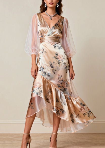V Neck Print Tulle Patchwork Silk Dresses Sleeveless