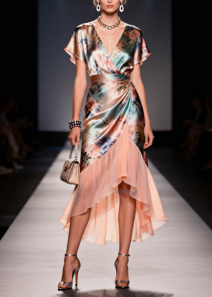 V Neck Ruffled Print Patchwork Silk Dresses Summer