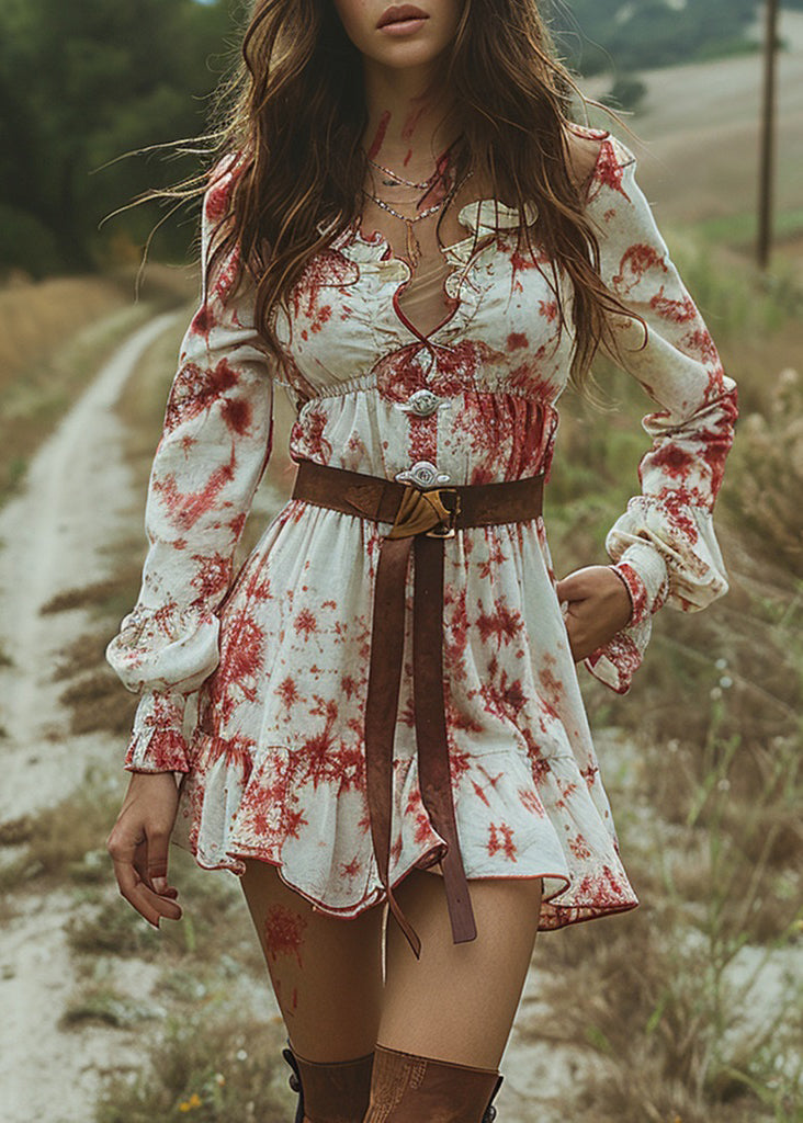 V Neck Ruffled Tie Dye Pastoral Style Mini Dress Long Sleeve