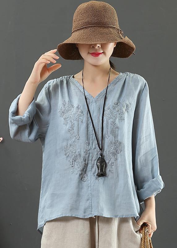 V Neck Spring Tunic Pattern Work Blue Embroidery Blouses