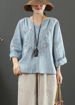 Women V Neck Spring Tunic Pattern Work Blue Embroidery Blouses