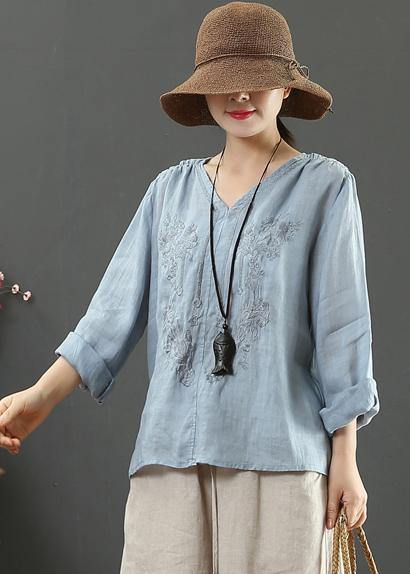 Women V Neck Spring Tunic Pattern Work Blue Embroidery Blouses