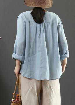 Women V Neck Spring Tunic Pattern Work Blue Embroidery Blouses