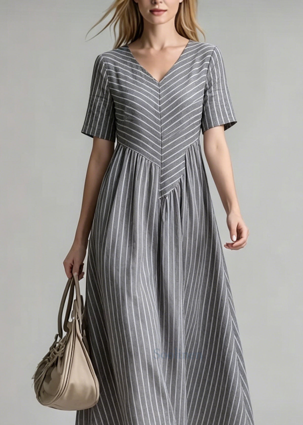 V Neck Striped Patchwork Cotton Dress Summer