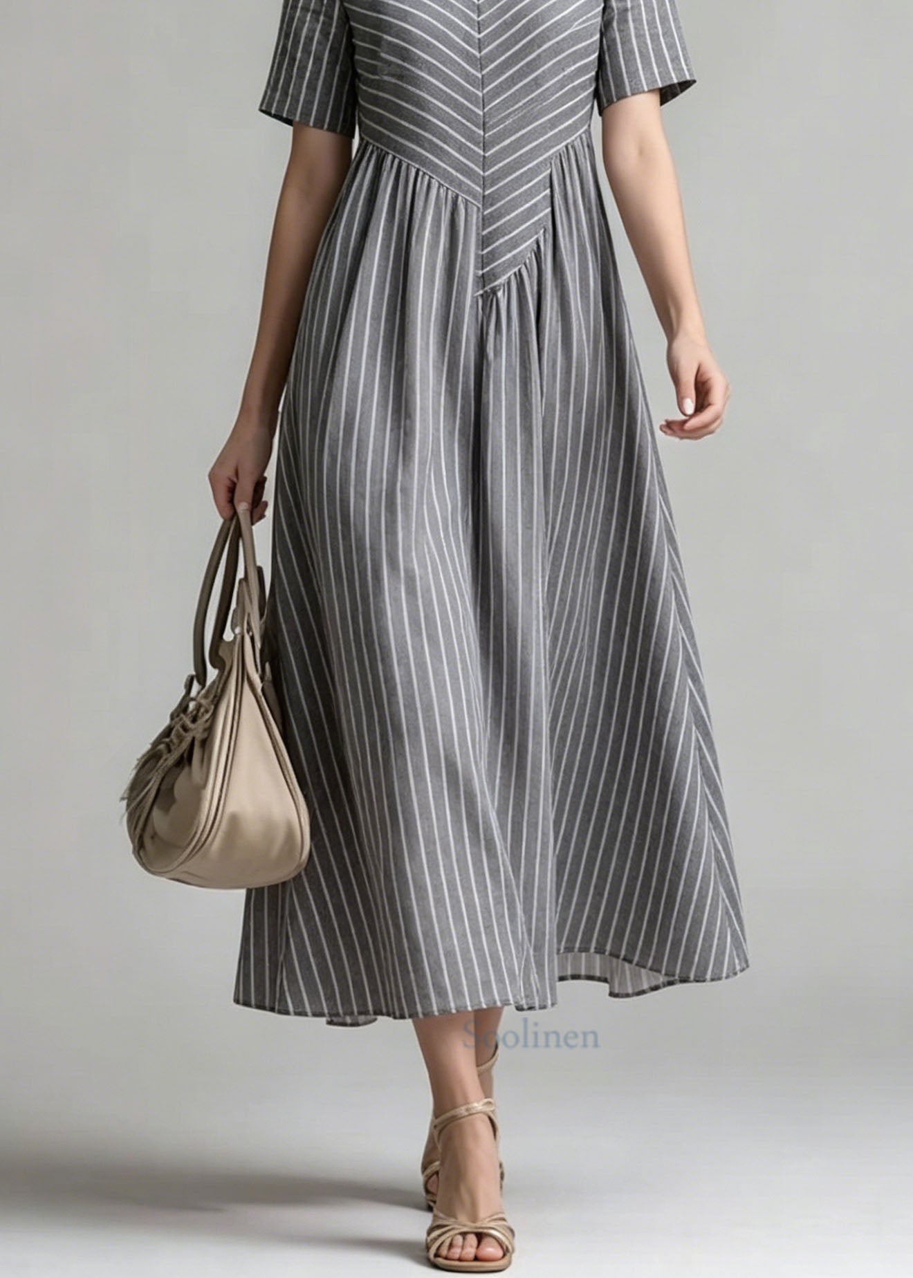 V Neck Striped Patchwork Cotton Dress Summer