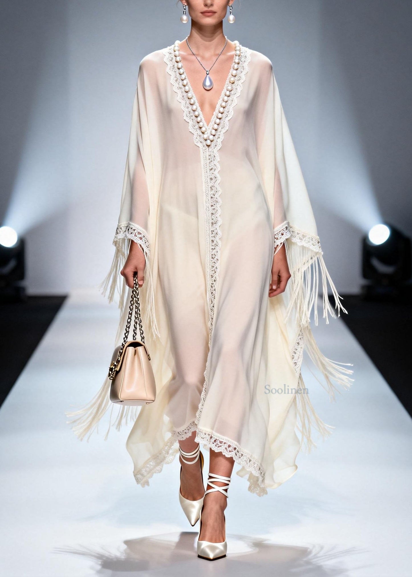 V Neck Tassel Nail Bead Patchwork Chiffon Dress Summer