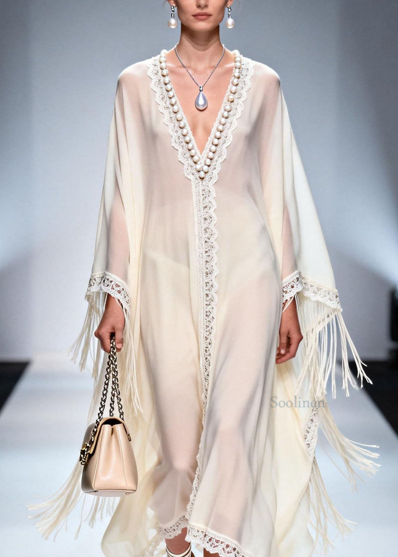 V Neck Tassel Nail Bead Patchwork Chiffon Dress Summer