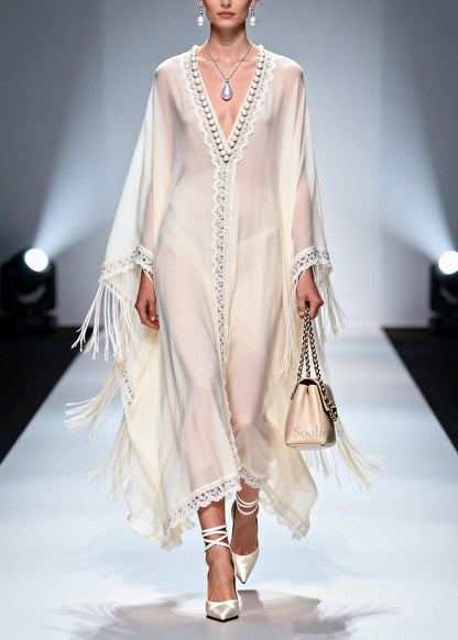 V Neck Tassel Nail Bead Patchwork Chiffon Dress Summer